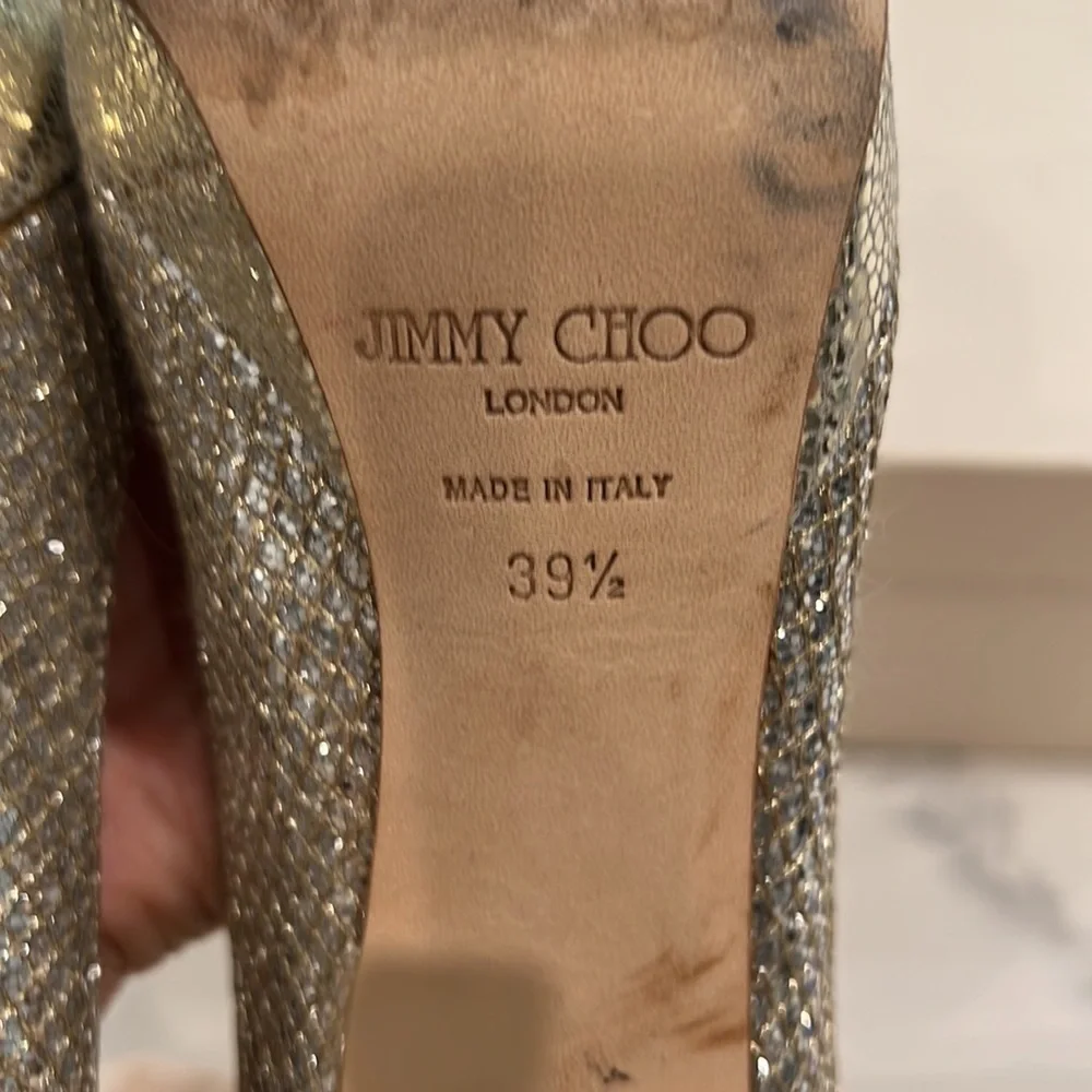 Jimmy CHOO 247 Crown Glitter fabric champagne platform 5in heels size 39.5